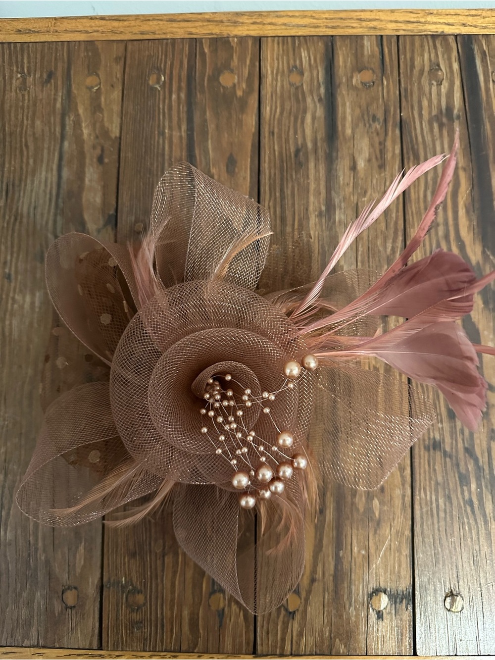 Fascinator ,Mauve Feather & Pearl Mesh Fascinator Headpiece